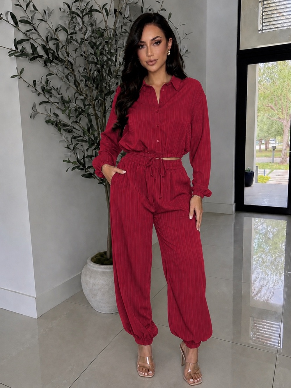 NWT Burgundy 2 Piece Set | Button Down Crop Top & Jogger Pants | Matching Set